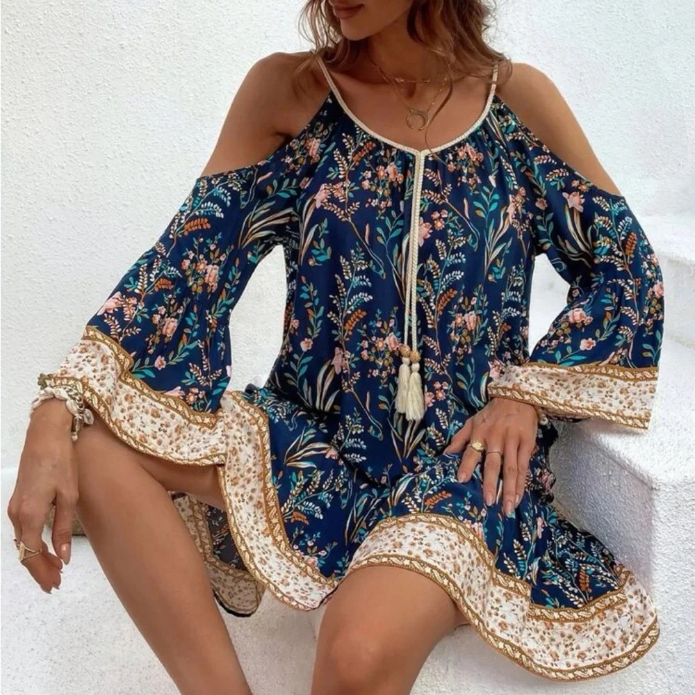 Boho Floral Print Cold Shoulder Flare Sleeve Tassel Tie Dress - Picture 5 of 16